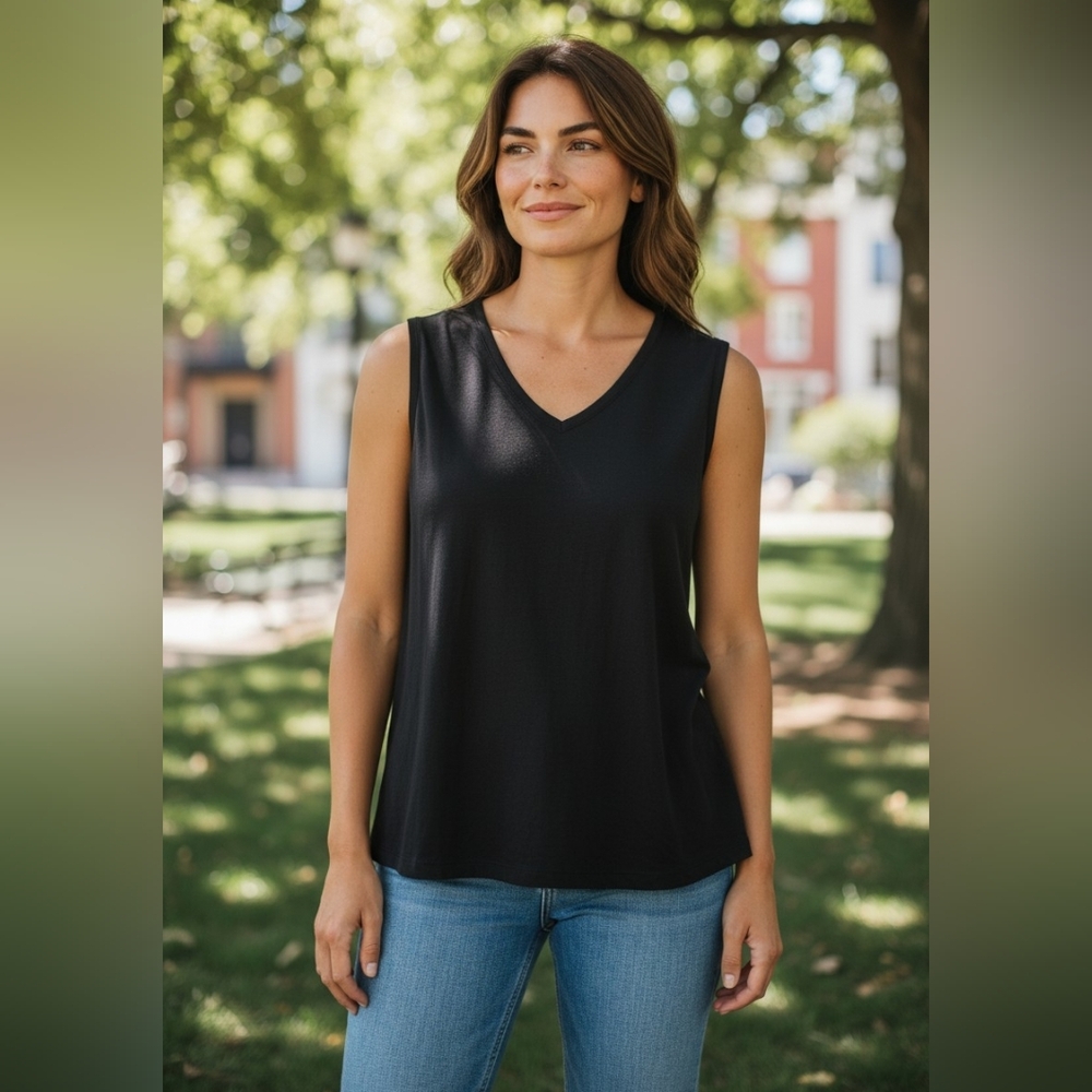Lands’ End Navy Sleeveless Top Women Small Rayon Blend‎ Stretch V-Neck Casual